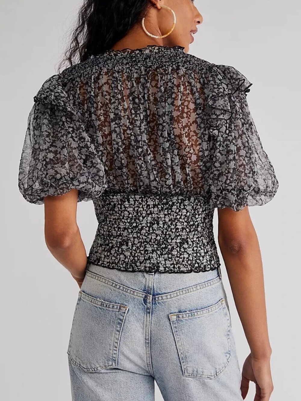 Free People Black Gray Floral Smocked Crop Blouse